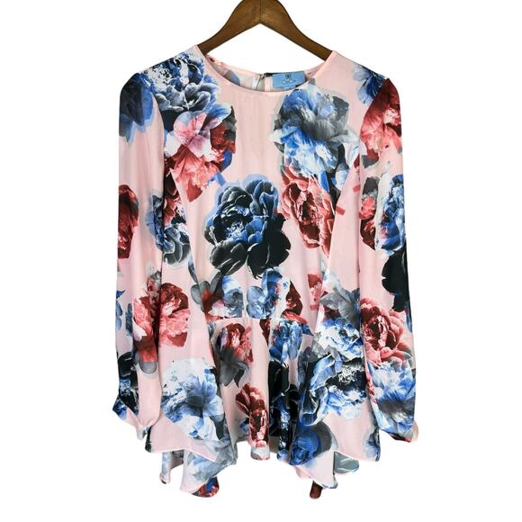 CeCe Pink Peony Floral Print Long Sleeve Peplum Chiffon Tunic Blouse - Picture 7 of 10